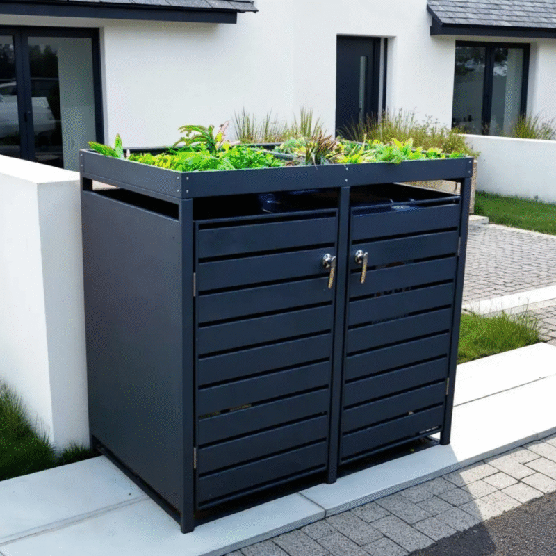 Anthracite Grey Wheelie Bin Storage With Planter- Double Bin Store