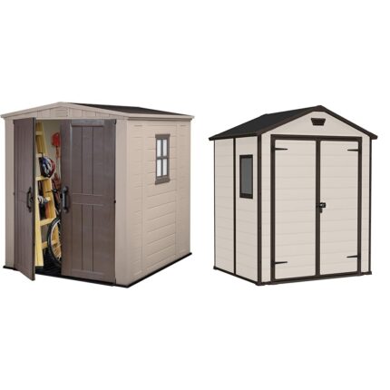Keter Factor Outdoor Apex Double Door Garden Storage Shed 6 x 6ft Beige Brown Wood effect | Fade Free | All Weather Resistant | Safe and Secure | Zero Maintenance | 15 year Warranty