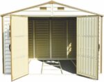 Duramax WoodSide 10 x 8 (8.02 m2) Plastic Garden Shed with 3 Fixed Windows & Metal Foundation Kit, Strong Metal Roof Structure Fire Retardant and Maintenance-Free Storage Shed - Ivory/Brown