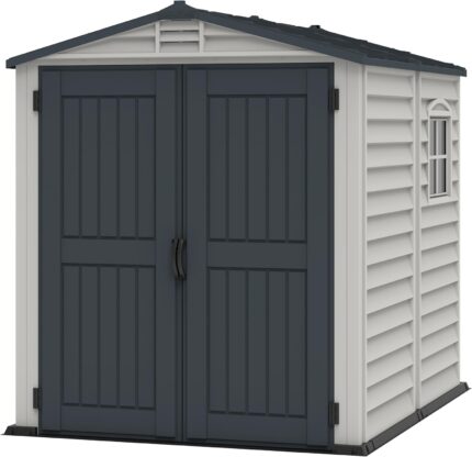 Duramax StoreMate PLUS 6 x 6 (3.65 m2) Plastic Garden Shed with Heavy-Duty Plastic Floor & Fixed Window, Strong Metal Roof Structure, Fire Retardant & Maintenance-Free Storage Shed, Dark Grey & Adobe