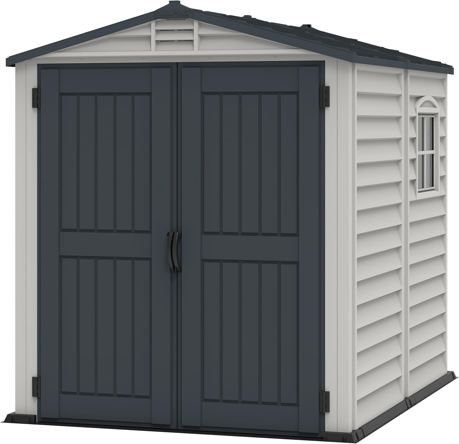 71KA2FAY99L._AC_SL1500 Duramax StoreMate PLUS 6 x 6 (3.65 m2) Plastic Garden Shed with Heavy-Duty Plastic Floor & Fixed Window, Strong Metal Roof Structure, Fire Retardant & Maintenance-Free Storage Shed, Dark Grey & Adobe