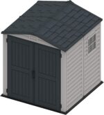 Duramax StoreMate PLUS 6 x 6 (3.65 m2) Plastic Garden Shed with Heavy-Duty Plastic Floor & Fixed Window, Strong Metal Roof Structure, Fire Retardant & Maintenance-Free Storage Shed, Dark Grey & Adobe