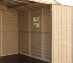 Duramax WoodSide 10 x 8 (8.02 m2) Plastic Garden Shed with 3 Fixed Windows & Metal Foundation Kit, Strong Metal Roof Structure Fire Retardant and Maintenance-Free Storage Shed - Ivory/Brown