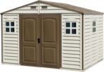 Duramax WoodSide 10 x 8 (8.02 m2) Plastic Garden Shed with 3 Fixed Windows & Metal Foundation Kit, Strong Metal Roof Structure Fire Retardant and Maintenance-Free Storage Shed - Ivory/Brown