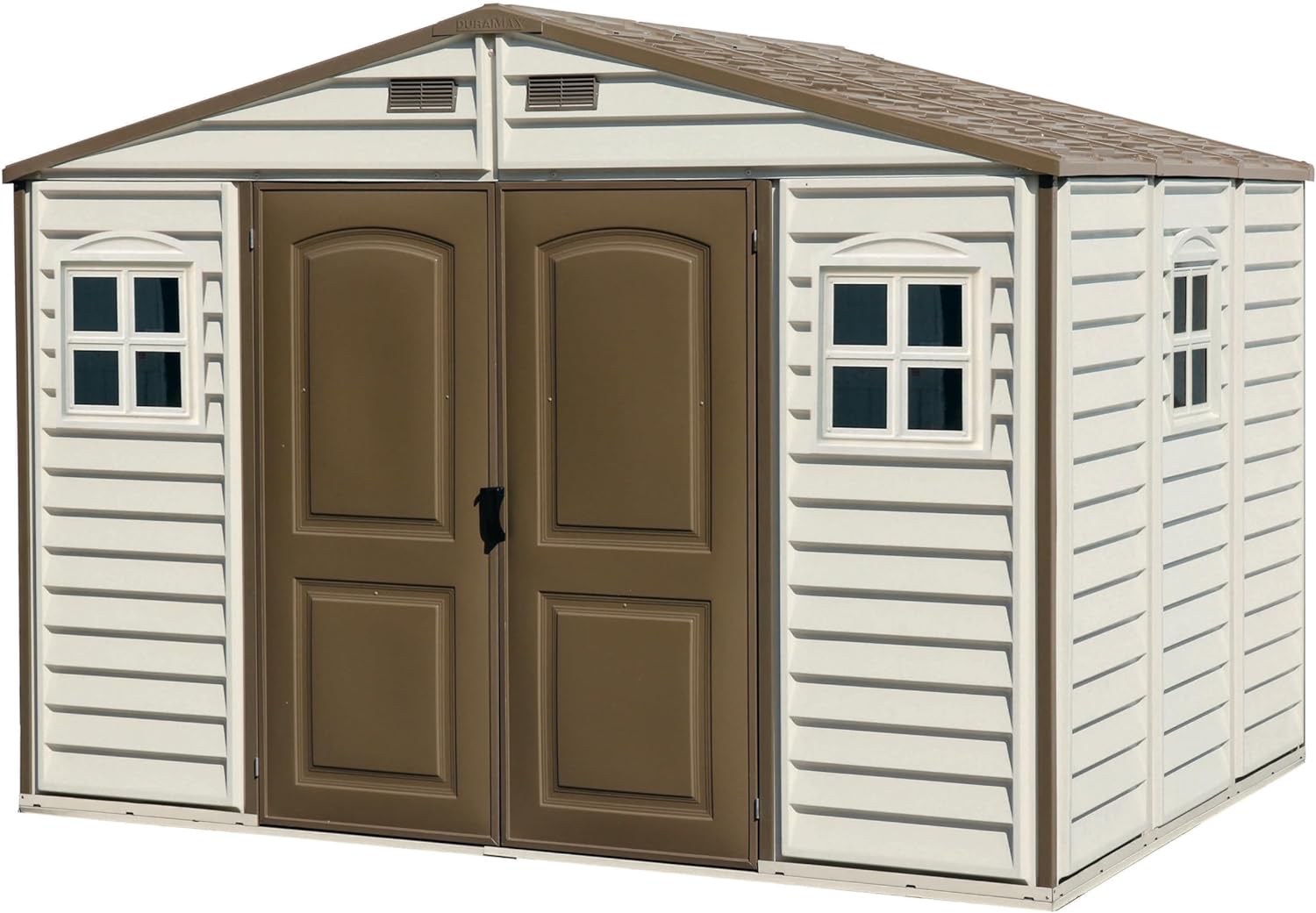 71dcjzhFenL._AC_SL1500 Duramax WoodSide 10 x 8 (8.02 m2) Plastic Garden Shed with 3 Fixed Windows & Metal Foundation Kit, Strong Metal Roof Structure Fire Retardant and Maintenance-Free Storage Shed - Ivory/Brown