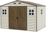Duramax WoodSide 10 x 8 (8.02 m2) Plastic Garden Shed with 3 Fixed Windows & Metal Foundation Kit, Strong Metal Roof Structure Fire Retardant and Maintenance-Free Storage Shed - Ivory/Brown