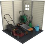 Duramax StoreMate PLUS 6 x 6 (3.65 m2) Plastic Garden Shed with Heavy-Duty Plastic Floor & Fixed Window, Strong Metal Roof Structure, Fire Retardant & Maintenance-Free Storage Shed, Dark Grey & Adobe