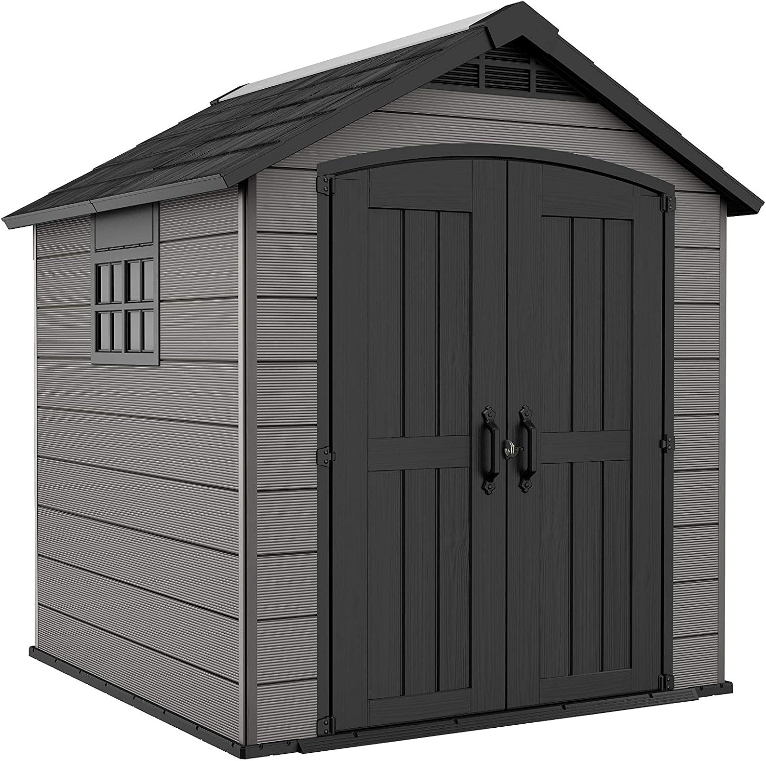 81lHuooQf3L._AC_SL1500 Keter Premier Apex Outdoor Garden Storage Shed, Grey, 7.5 x 7 ft