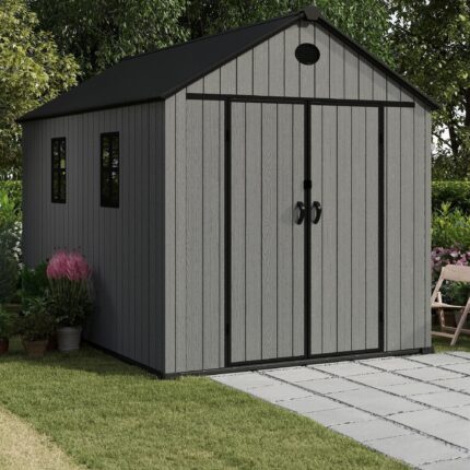 Pro Grade 8ft x 10ft Premium Plastic Double Door Garden Shed - Grey Wood Touch Texture