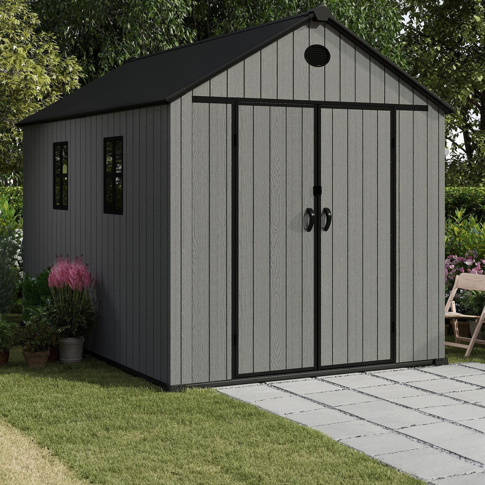 8x12FT-GY-2_b013e24e-1641-4562-98ae-33f8ce1b7a29 Pro Grade 8ft x 12ft Premium Plastic Double Door Garden Shed - Grey Wood Touch Texture