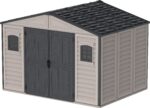 Duramax WoodSide 10 x 8 (8.02 m2) Plastic Garden Shed with 3 Fixed Windows & Metal Foundation Kit, Strong Metal Roof Structure Fire Retardant and Maintenance-Free Storage Shed - Ivory/Brown