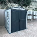 Duramax StoreMate PLUS 6 x 6 (3.65 m2) Plastic Garden Shed with Heavy-Duty Plastic Floor & Fixed Window, Strong Metal Roof Structure, Fire Retardant & Maintenance-Free Storage Shed, Dark Grey & Adobe