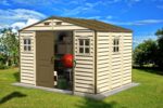 Duramax WoodSide 10 x 8 (8.02 m2) Plastic Garden Shed with 3 Fixed Windows & Metal Foundation Kit, Strong Metal Roof Structure Fire Retardant and Maintenance-Free Storage Shed - Ivory/Brown