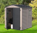 Duramax StoreMate PLUS 6 x 6 (3.65 m2) Plastic Garden Shed with Heavy-Duty Plastic Floor & Fixed Window, Strong Metal Roof Structure, Fire Retardant & Maintenance-Free Storage Shed, Dark Grey & Adobe