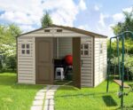 Duramax WoodSide 10 x 8 (8.02 m2) Plastic Garden Shed with 3 Fixed Windows & Metal Foundation Kit, Strong Metal Roof Structure Fire Retardant and Maintenance-Free Storage Shed - Ivory/Brown